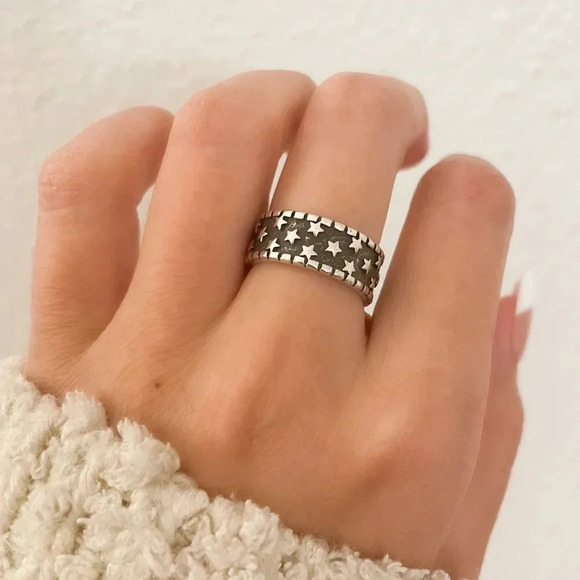925 Sterling Silver Star Ring Starry Night Ring Minimalist Ring Band - Picture 2 of 9